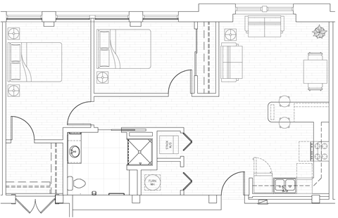 Floor plan for 2 beds, 1 bath, 794 sqft
